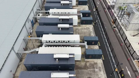Aerial view of data center cooling and backup power systems Stock Footage 340503419