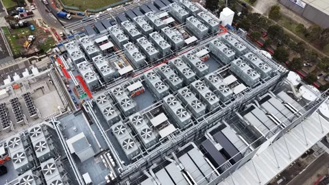 Aerial view of data center cooling systems on rooftop Stock Footage 340503470