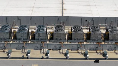 Aerial view of data center cooling units and power infrastructure Stock Footage 340952087