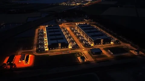 Aerial view of data center with cooling towers at night Stock Footage 341073922