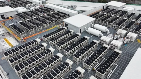 Aerial view of data center cooling system on rooftop Stock Footage 342328026