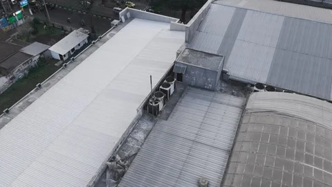 Aerial View of Data Center Cooling Infrastructure and Industrial Equipment Stock Footage 343807442