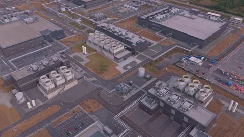 Aerial view of data center cooling towers and cloud computing hub Stock Footage 345391940