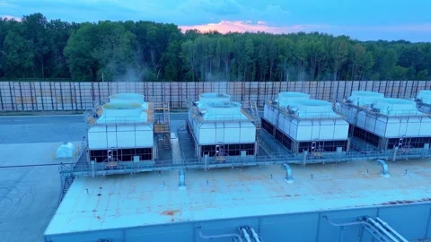 Aerial view of a data center cooling system operating at sunset in Ohio, USA Stock Footage 346148317