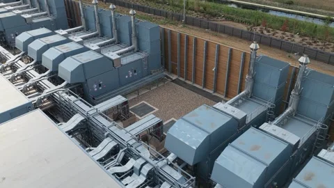 Aerial View of Data Center Cooling and Infrastructure Stock Footage 346422560