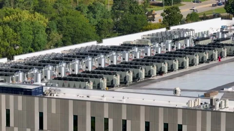 Aerial view of data center cooling systems in United States. Stock Footage 346594308