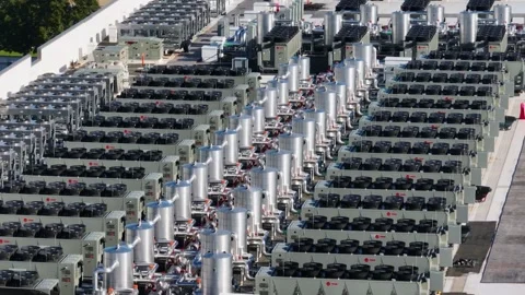 Aerial view of data center cooling systems in United States. Stock Footage 346594341