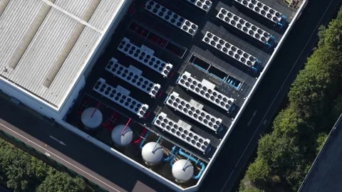 Aerial view of data center cooling and HVAC systems for AI infrastructure Video stock 347365632