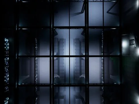 Aerial view of data center corridor with server racks イラスト素材