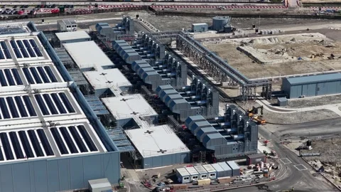 Aerial View of Data Center Emergency Backup Generators Stock Footage 337448155