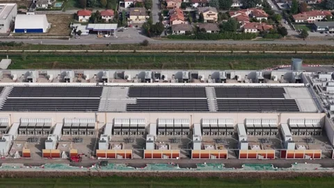Aerial view of data center facility in Noviglio, Italy. Stock Footage 345080412