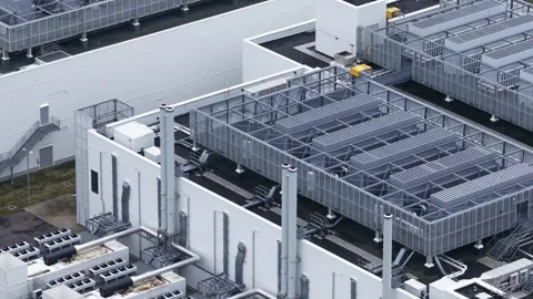 Aerial View of Data Center HVAC and Backup Power Systems Berlin Stock Footage 325834392