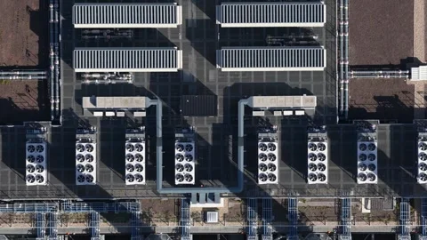 Aerial View of Data Center HVAC and Cooling Systems on Rooftop Stock Footage 347371677