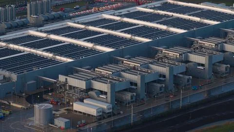 Aerial view of data center infrastructure using solar energy Stock Photos