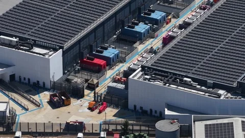 Aerial view of data center with rooftop solar panels and cooling system Stock Footage 340962963