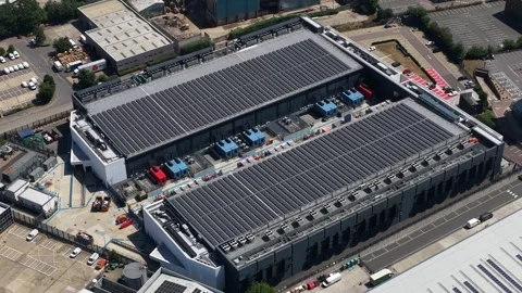 Aerial view of data center with rooftop solar panels Stock Footage 340963141