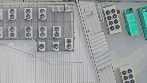 Aerial View of Data Center Rooftop HVAC Units and Cooling Systems Infrastructure Stock Footage 341501987