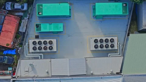 Aerial View of Data Center Rooftop Cooling Systems and Industrial HVAC Equipment Stock Footage 341502001