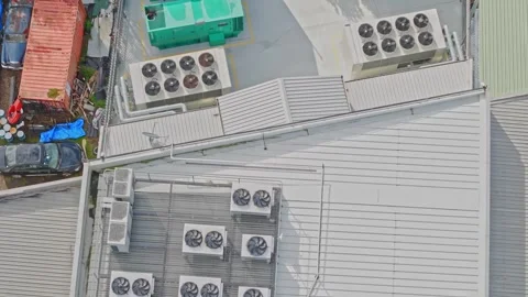 Aerial View of Data Center Rooftop Cooling and Backup Generators in Industrial Stock Footage 342037439
