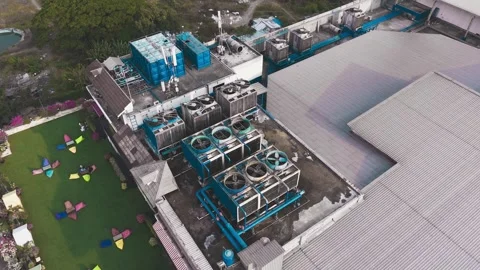 Aerial View of Data Center Rooftop Cooling Stock Footage 343951460