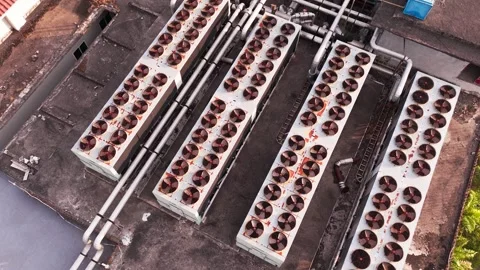 Aerial View of Data Center Rooftop Cooling Stock Footage 343968355