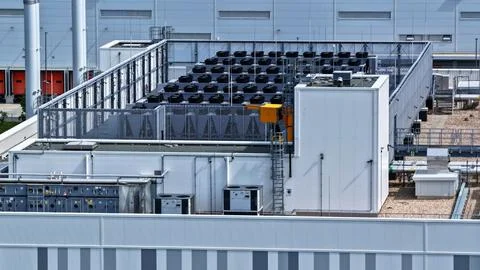 Aerial View of Data Center Rooftop with Extensive Cooling Systems Stock Photos