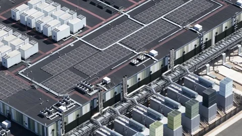 Aerial view of data center with solar panels and cooling systems Stock-Footage 343723655