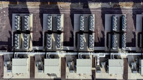Aerial View of Data Center Ventilation Fans and Cooling Systems – Industrial Stock Footage 340321235