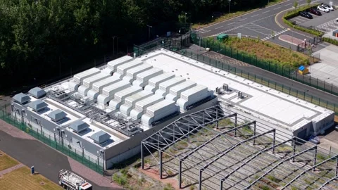 Aerial view of data center ventilation units in United Kingdom. Stock Footage 340627703