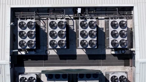 Aerial view of data center ventilation cooling fans, United Kingdom. Stock Footage 340627708