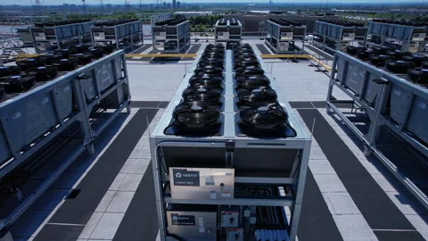 Aerial view of data center with ventilators, advanced technology cooling sy.. Video stock 336512664