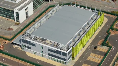 Aerial view of data centre campus in Harlow, United Kingdom. Stock Footage 344998043