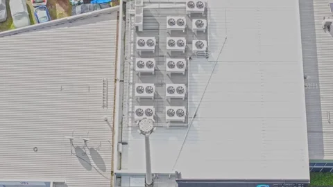 Aerial View of Data Centre Rooftop Cooling Systems and Industrial HVAC Equipment Stock Footage 341502062