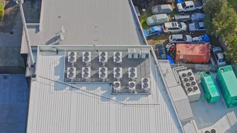 Aerial View of Data Centre Rooftop with HVAC Systems and Backup Generators Stock Footage 342036755