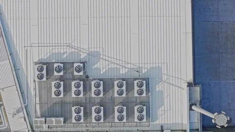 Aerial View of Data Centre Rooftop HVAC Units and Modern Industrial Cooling Stock Footage 342037384