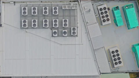 Aerial View of Data Centre Rooftop with HVAC Systems and Industrial Cooling Stock Footage 342037399