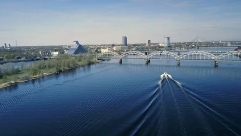 Aerial view of Daugava river in Riga day time. City landscape view from the air. Stock Footage 105446032