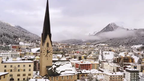 Aerial view. Davos city in winter. Stock Footage