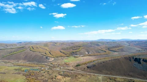 Aerial View of Daxing'anling Mountain Range and Forest During a Sunny Autumn Day Vídeo Stock 342327656
