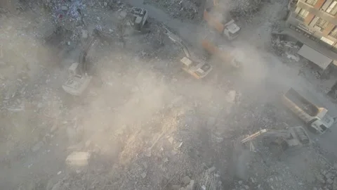 Aerial View of Debris Removal After Earthquake, February 8, 2023, Hatay, Turkey Stock Footage 336520847