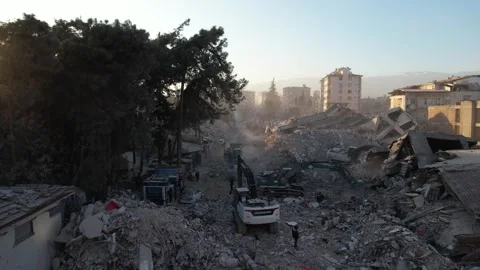 Aerial View of Debris Removal After Earthquake, February 8, 2023, Hatay, Turkey Stock Footage 336520900