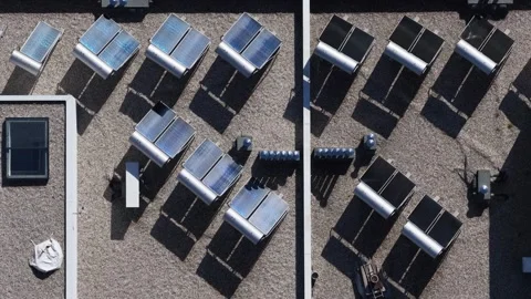 Aerial view of decentralized solar panels on roof, Portugal. Stock Footage 332398702