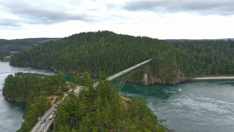 Aerial view of Deception Pass bridge in Whidbey Island, WA Stock Footage 213046679
