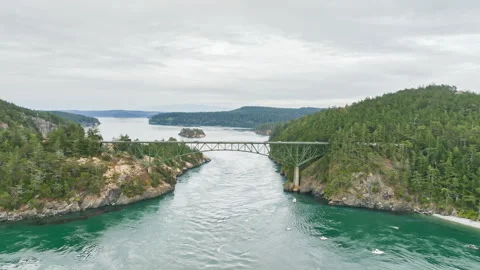 Aerial view of Deception Pass Bridge in Washington State Stock Footage 304687466