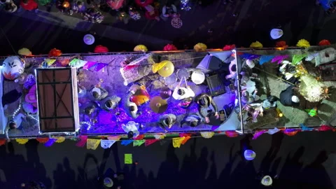 Aerial View of Decorated Parade Float with Musicians During Night Festival. Stock Footage 337913597