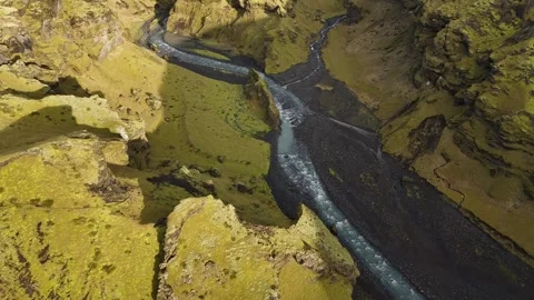 Aerial view of a deep canyon and river in Rangarping ytra, Iceland. Stock Footage 337336123
