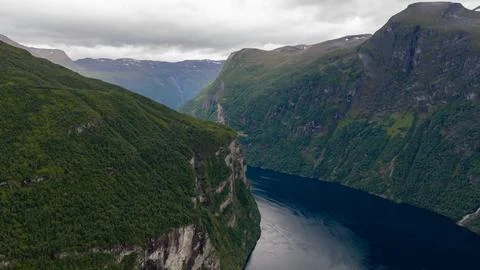 Aerial view of deep fjord with steep forested valley walls, Mollsaeter Norway Foto stock