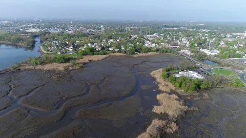Aerial View of Delaware Riverfront Communities  in New Jersey Stock Footage 74756272