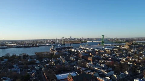Aerial View of Delaware Riverfront Community and Port City Gloucester New Jersey Stock Footage 73283923