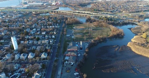Aerial View of Delaware Riverfront Community and Port City Gloucester New Jersey Stock Footage 73283945